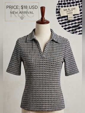 Kim & Cami Black White Textured Polo Top Size M